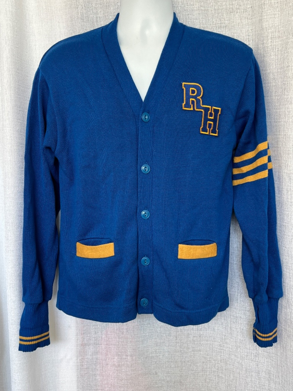 Varsity Letterman Sweater Cardigan Blue Gold RH Chest Patch Striped Trim XS Vtg